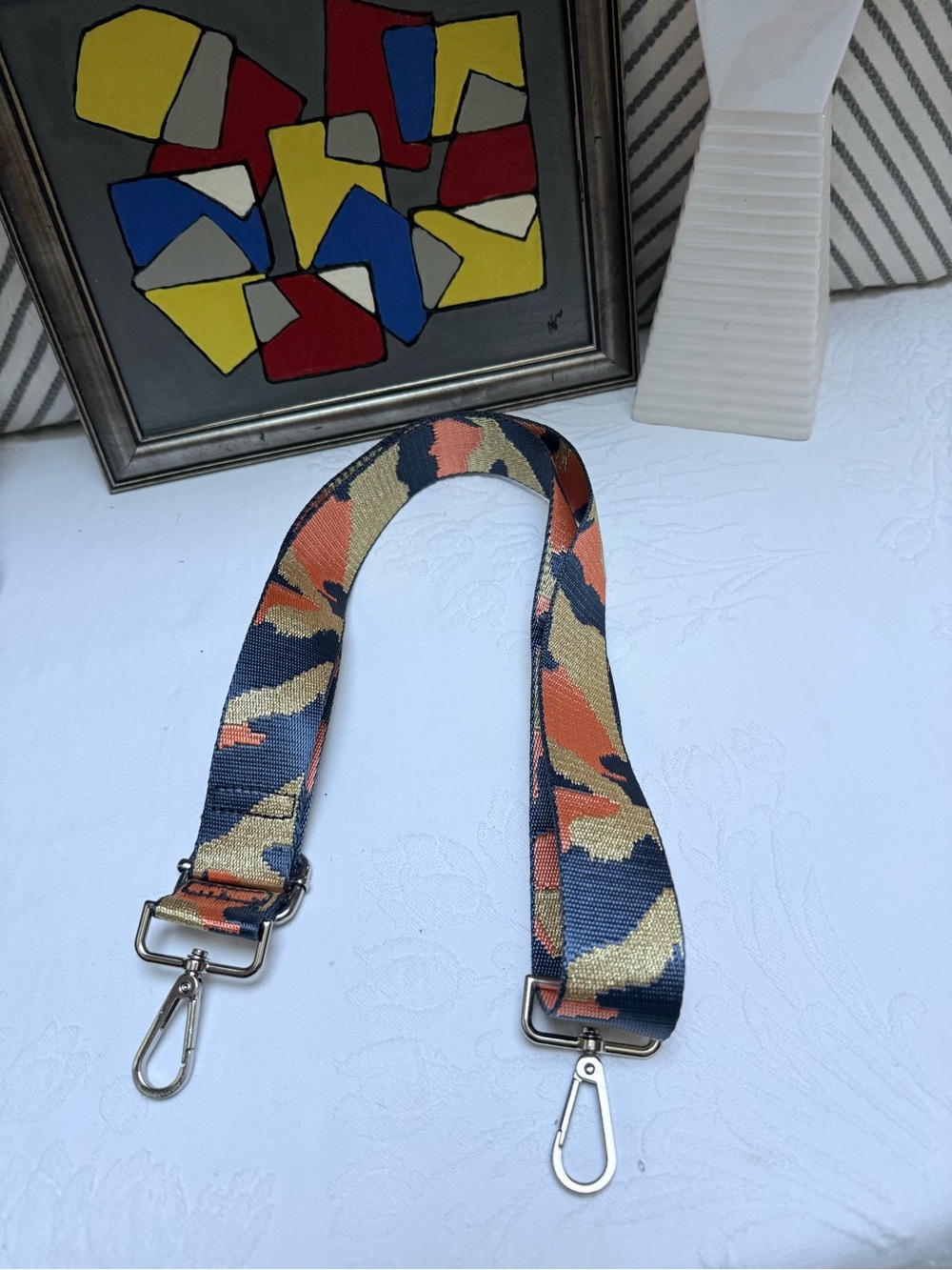Adjustable Camouflage Webbing Bag/Guitar Strap in Navy, Orange & Gold.